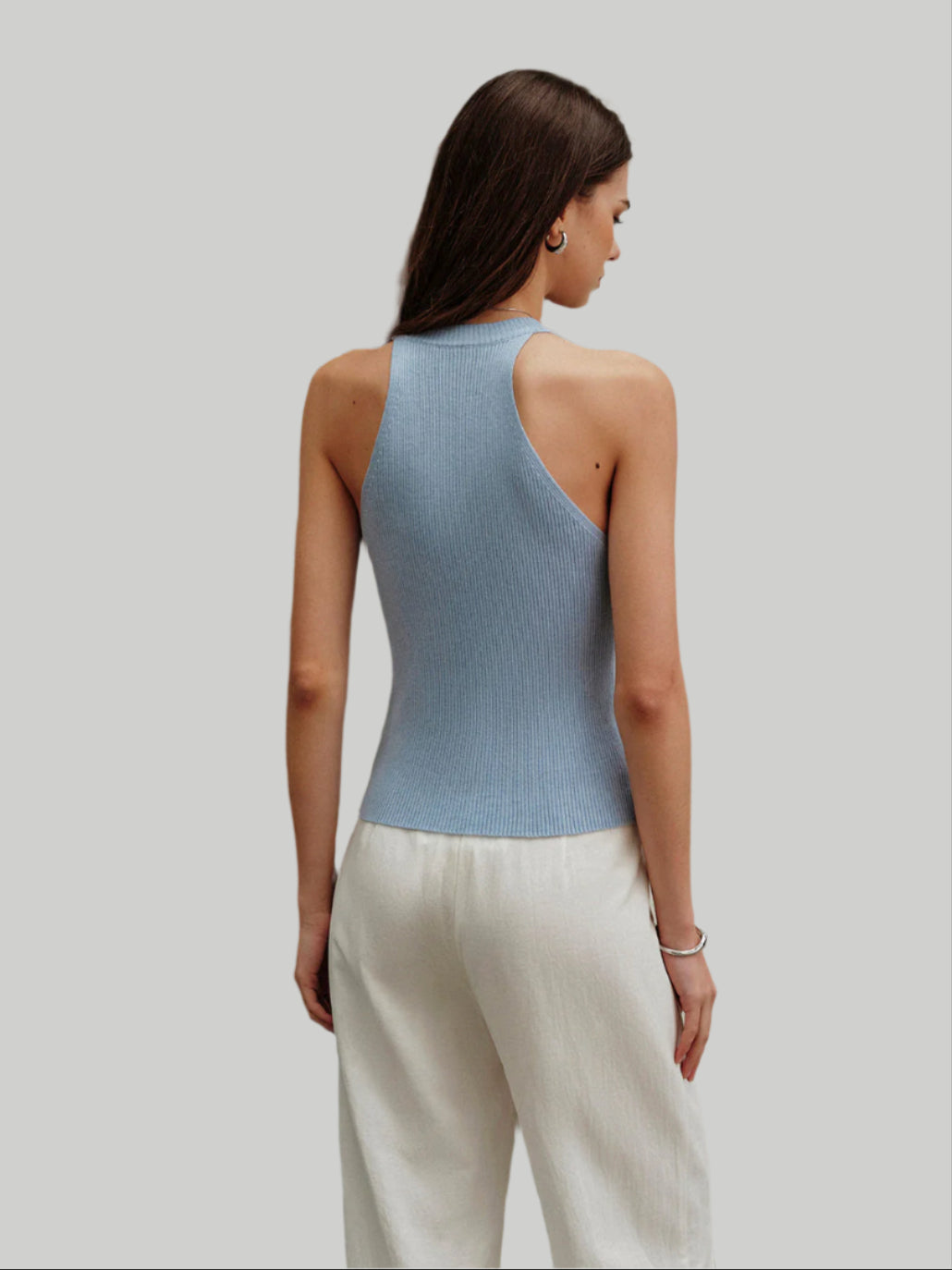 Blauw geribbeld mouwloos overhemd met knoopjes