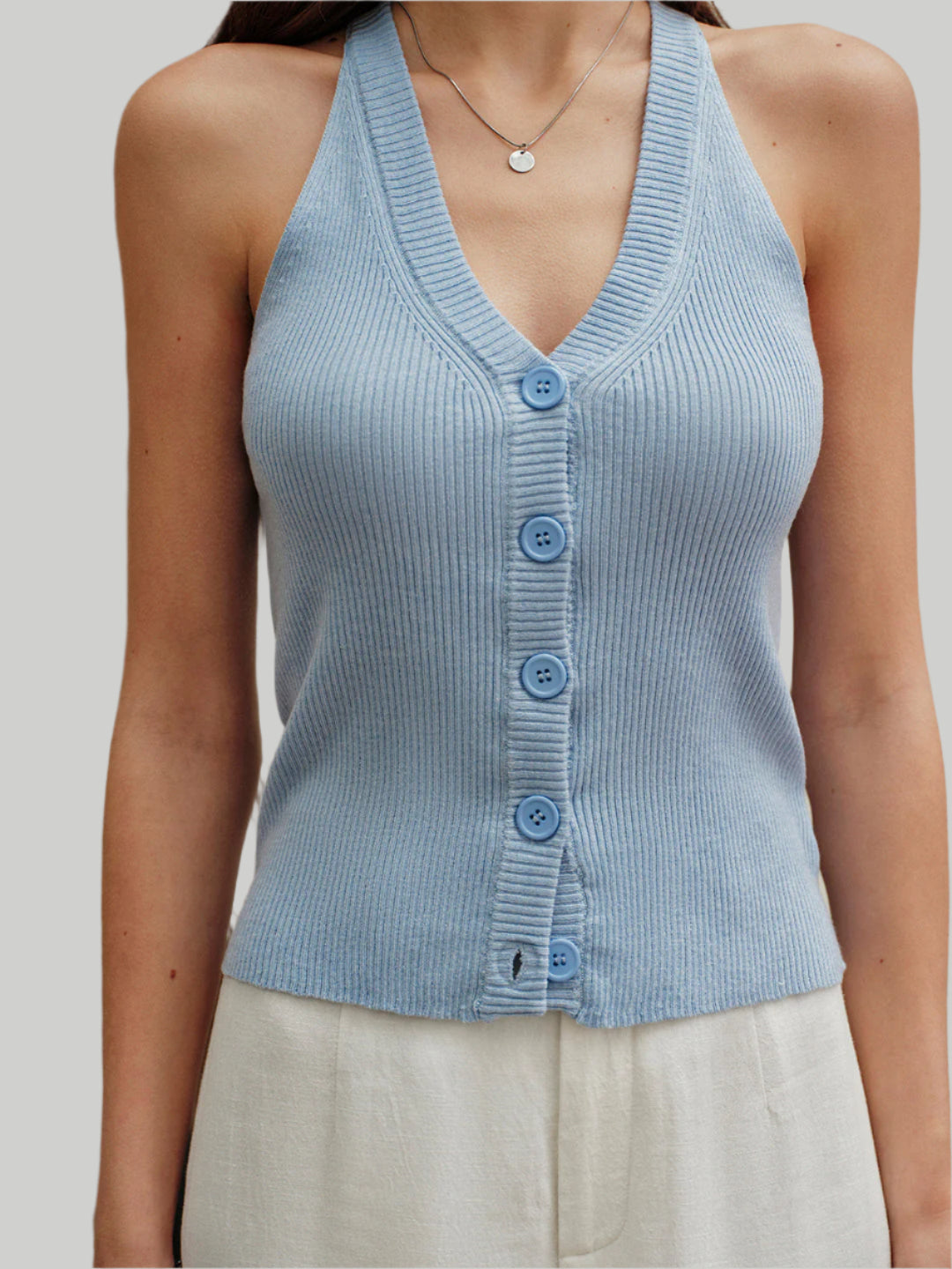 Blauw geribbeld mouwloos overhemd met knoopjes