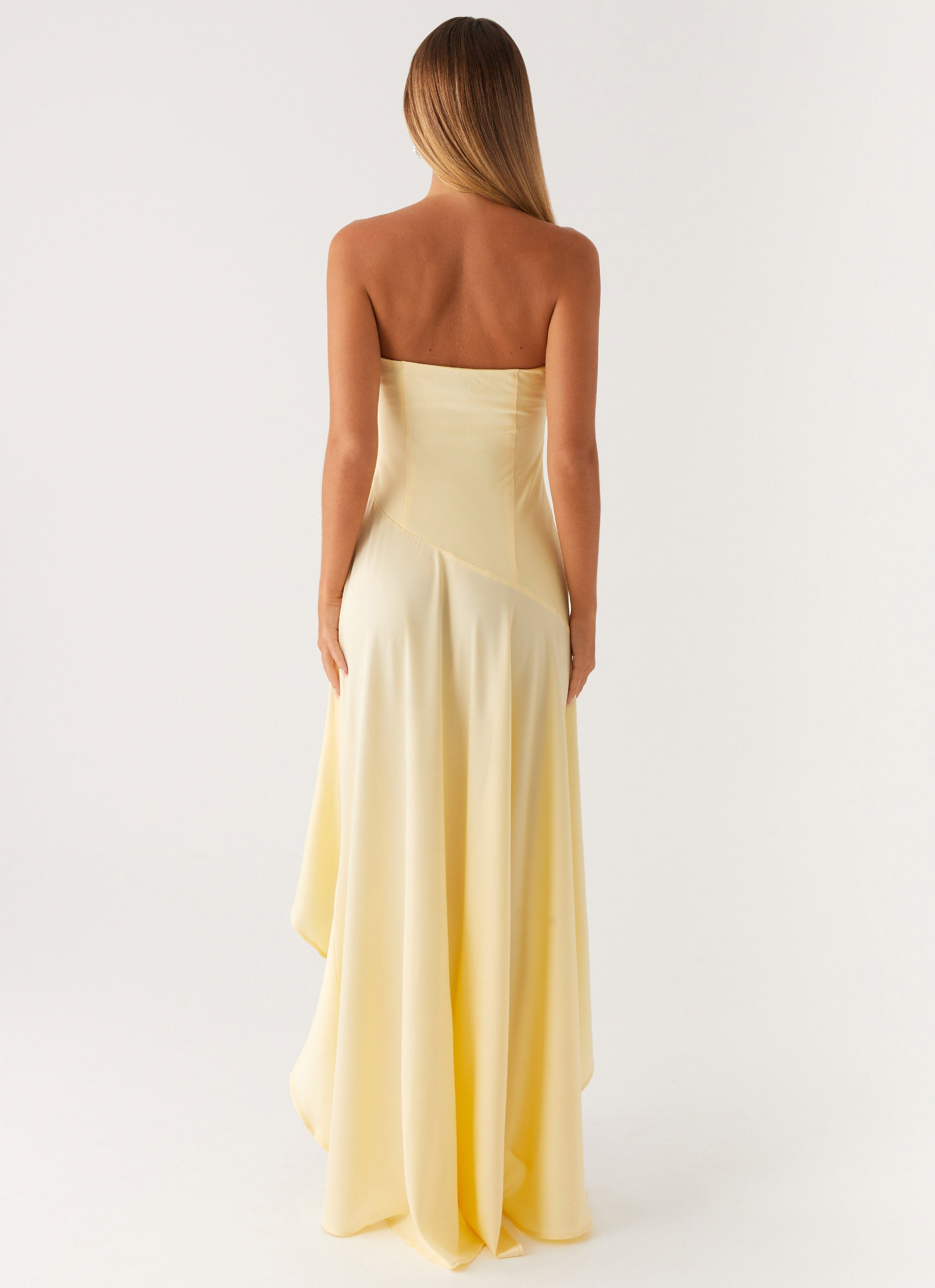 Lichtgele strapless maxi-jurk met ruches