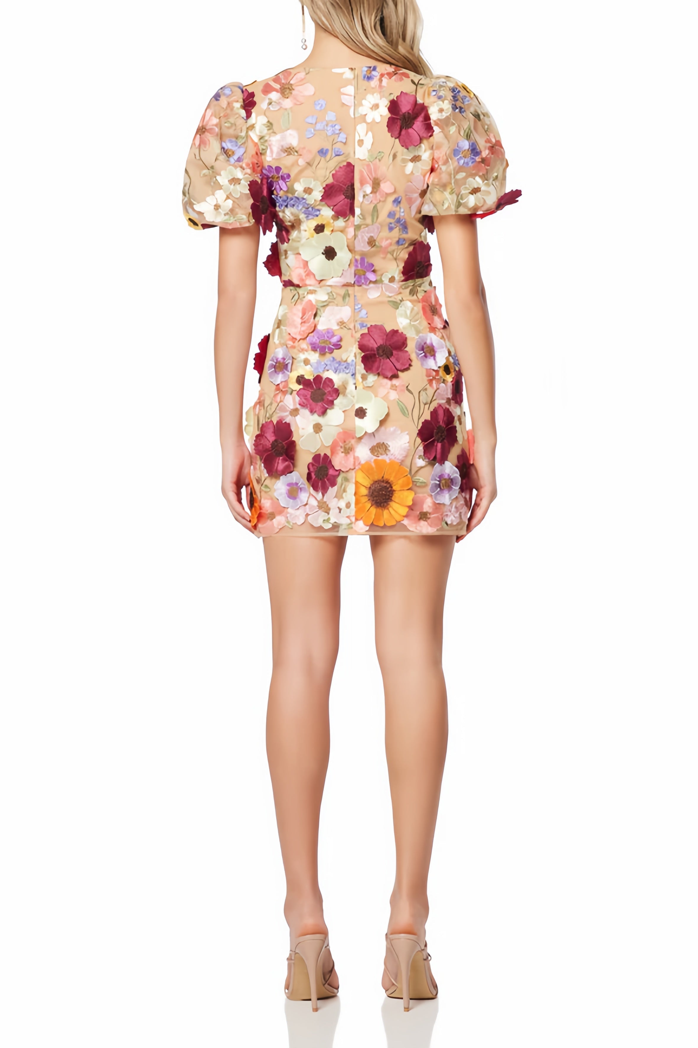 Mini-jurk met bloemenprint, pofmouwen en diepe halslijn