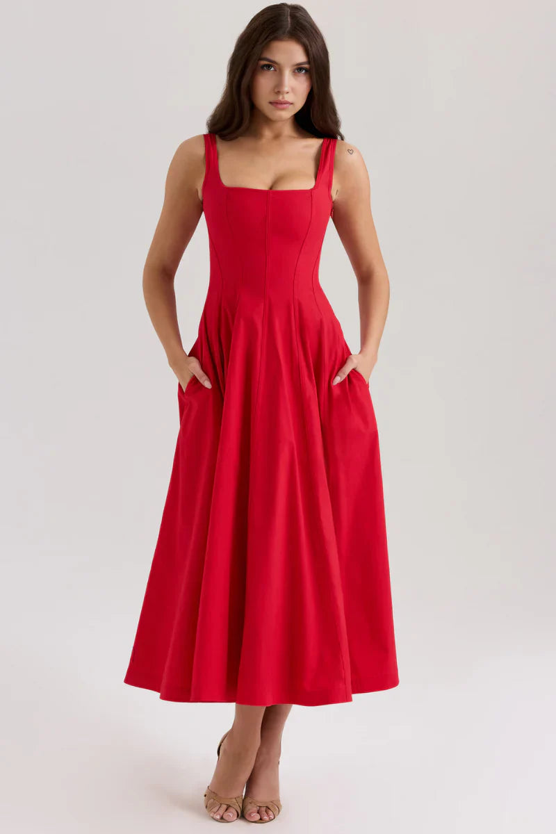Fit & Flare Midi Jurk met Vierkante Hals
