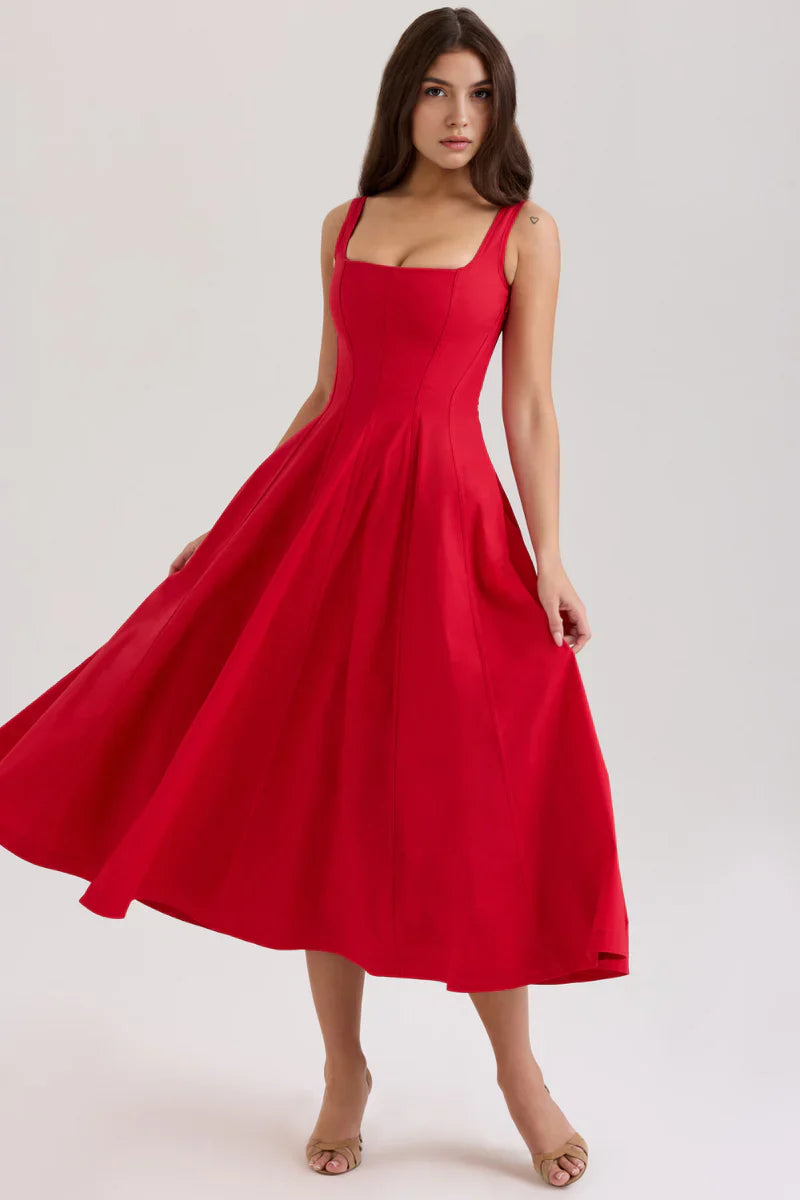 Fit & Flare Midi Jurk met Vierkante Hals