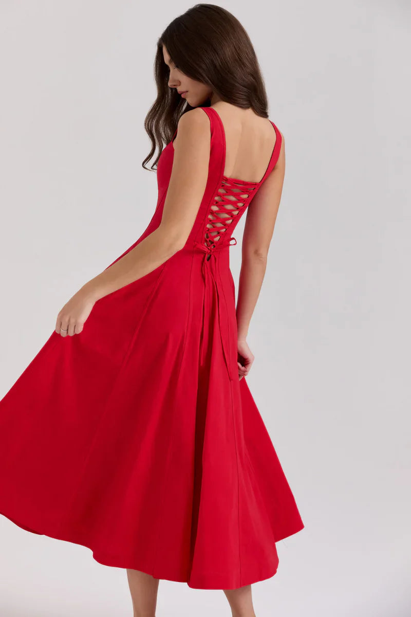 Fit & Flare Midi Jurk met Vierkante Hals