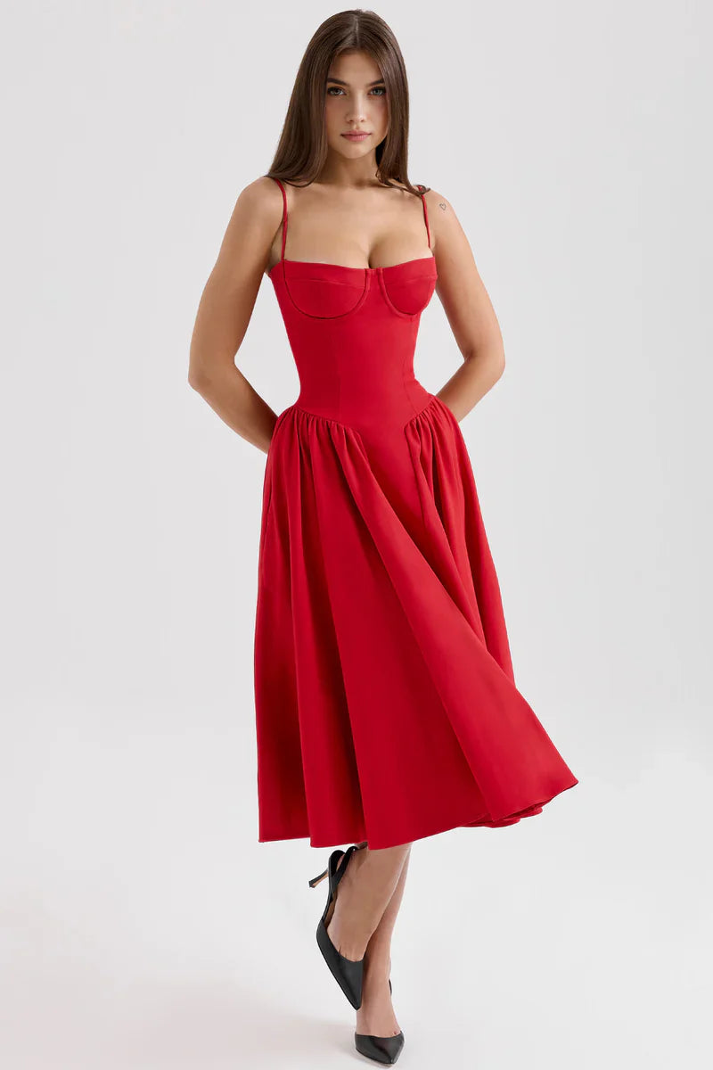 Corset Midi Jurk met Spaghettibandjes