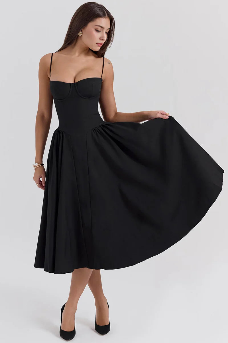 Corset Midi Jurk met Spaghettibandjes