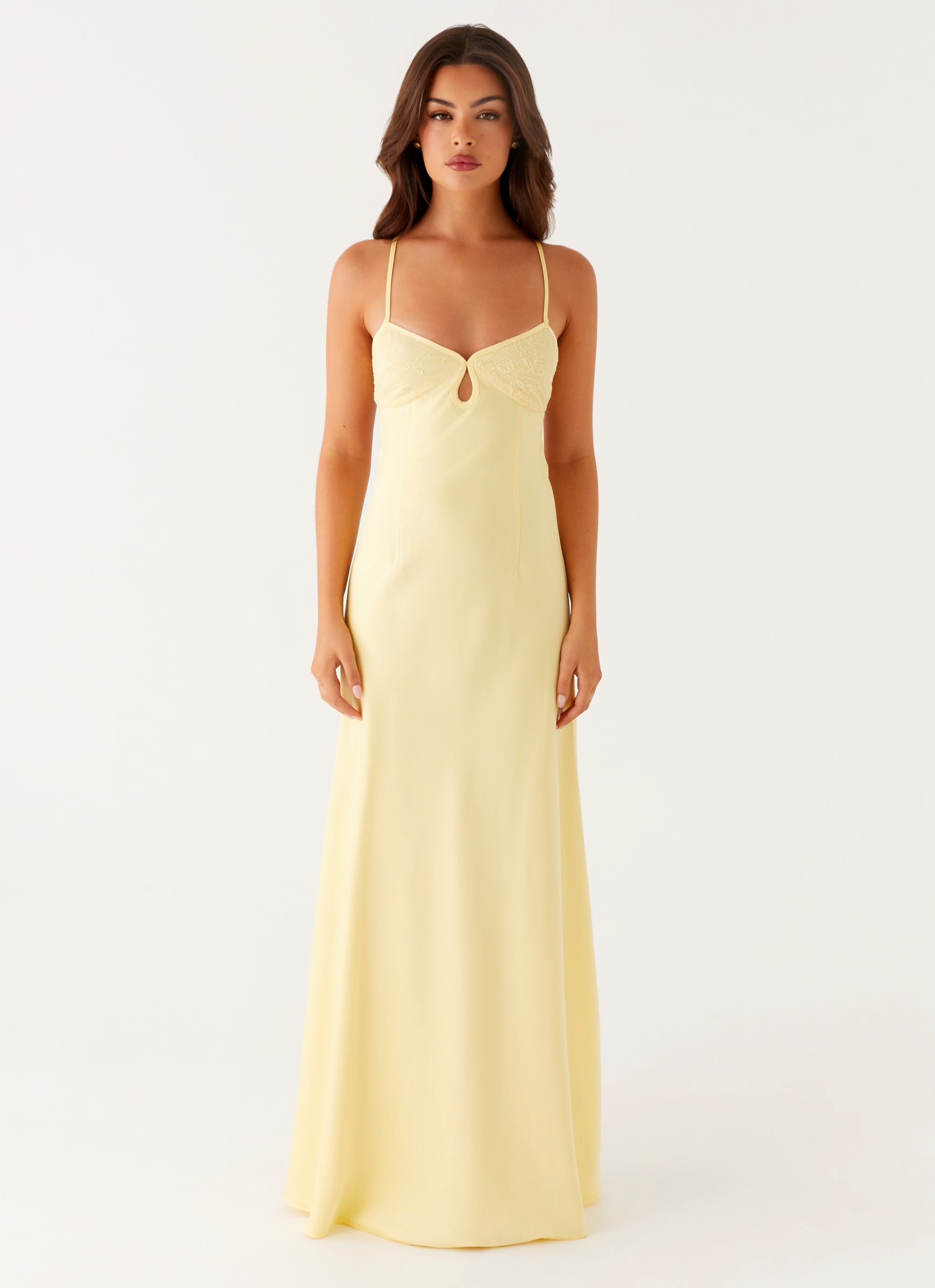Lichtgele maxi-jurk met kanten details
