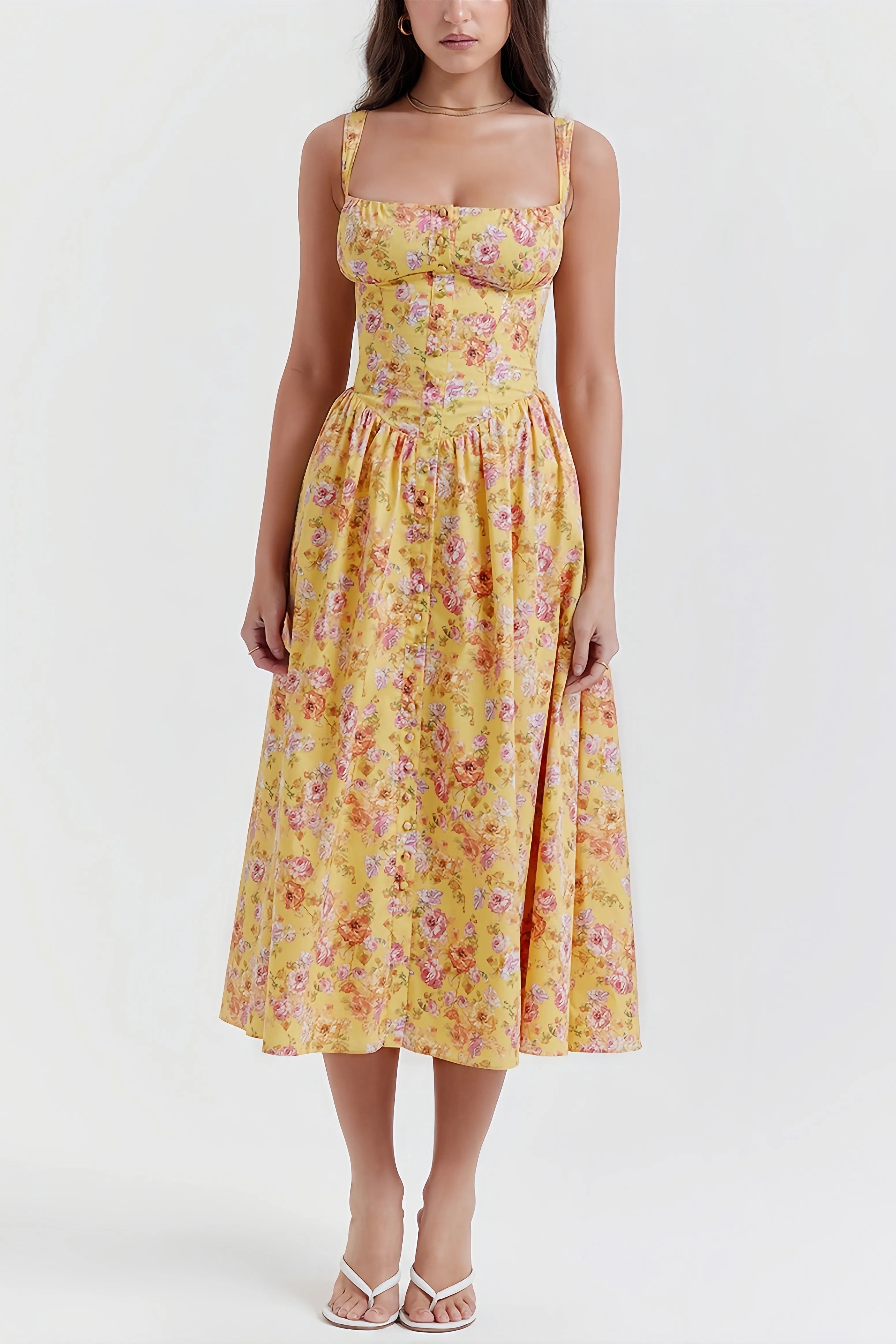 Gele bloemen midi-jurk met getailleerde taille