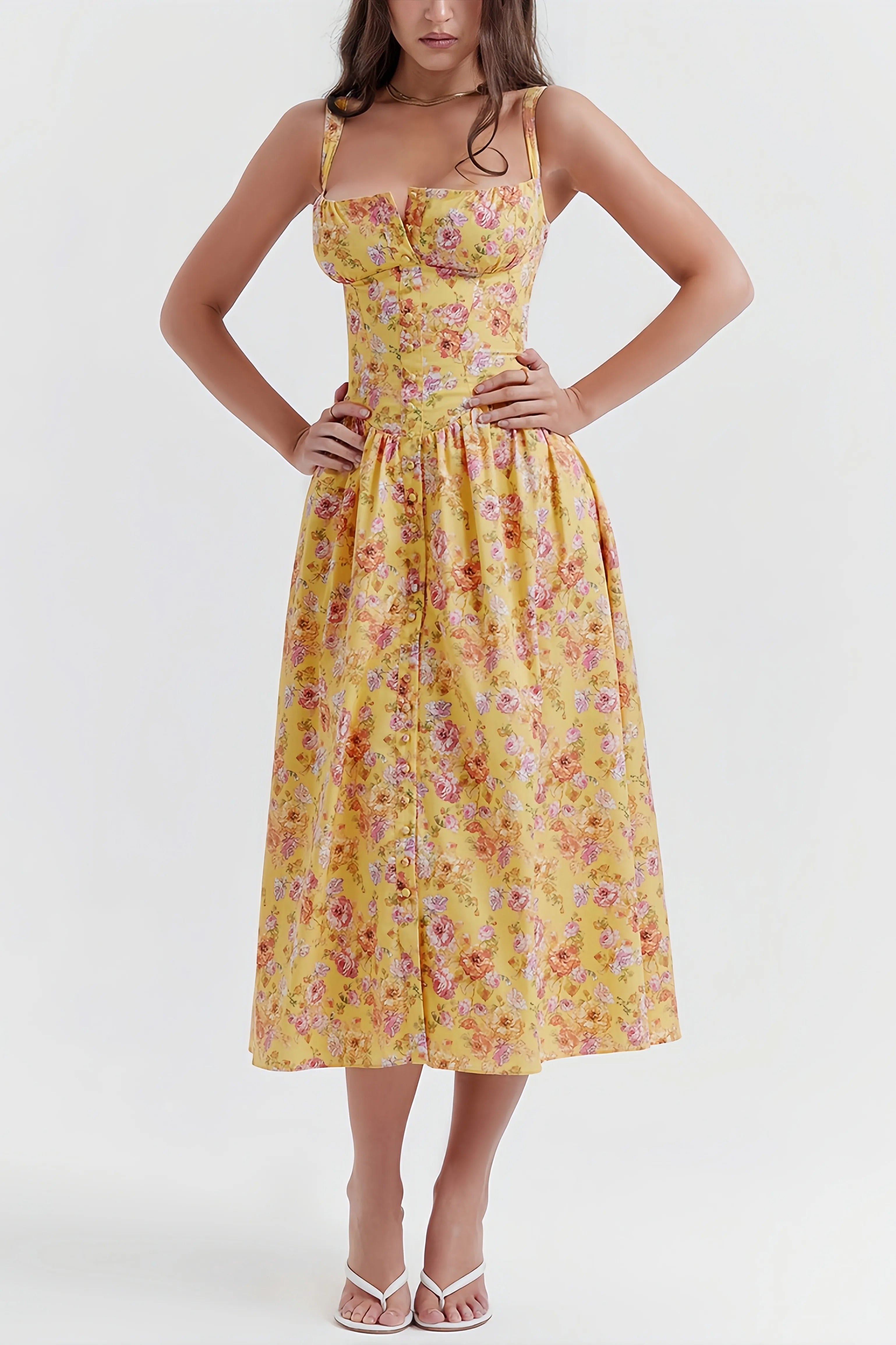 Gele bloemen midi-jurk met getailleerde taille