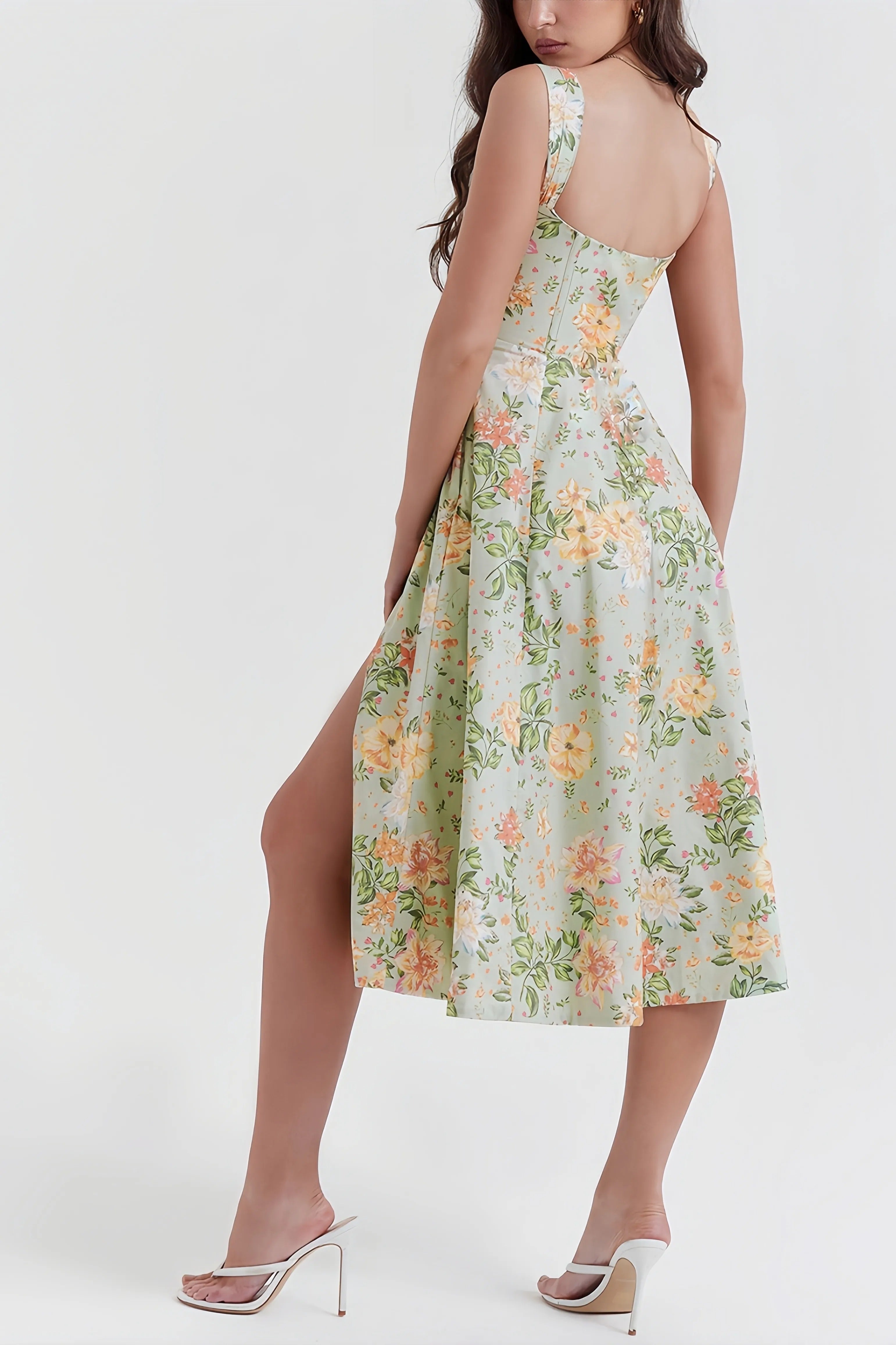 Groene bloemen midi-jurk met split