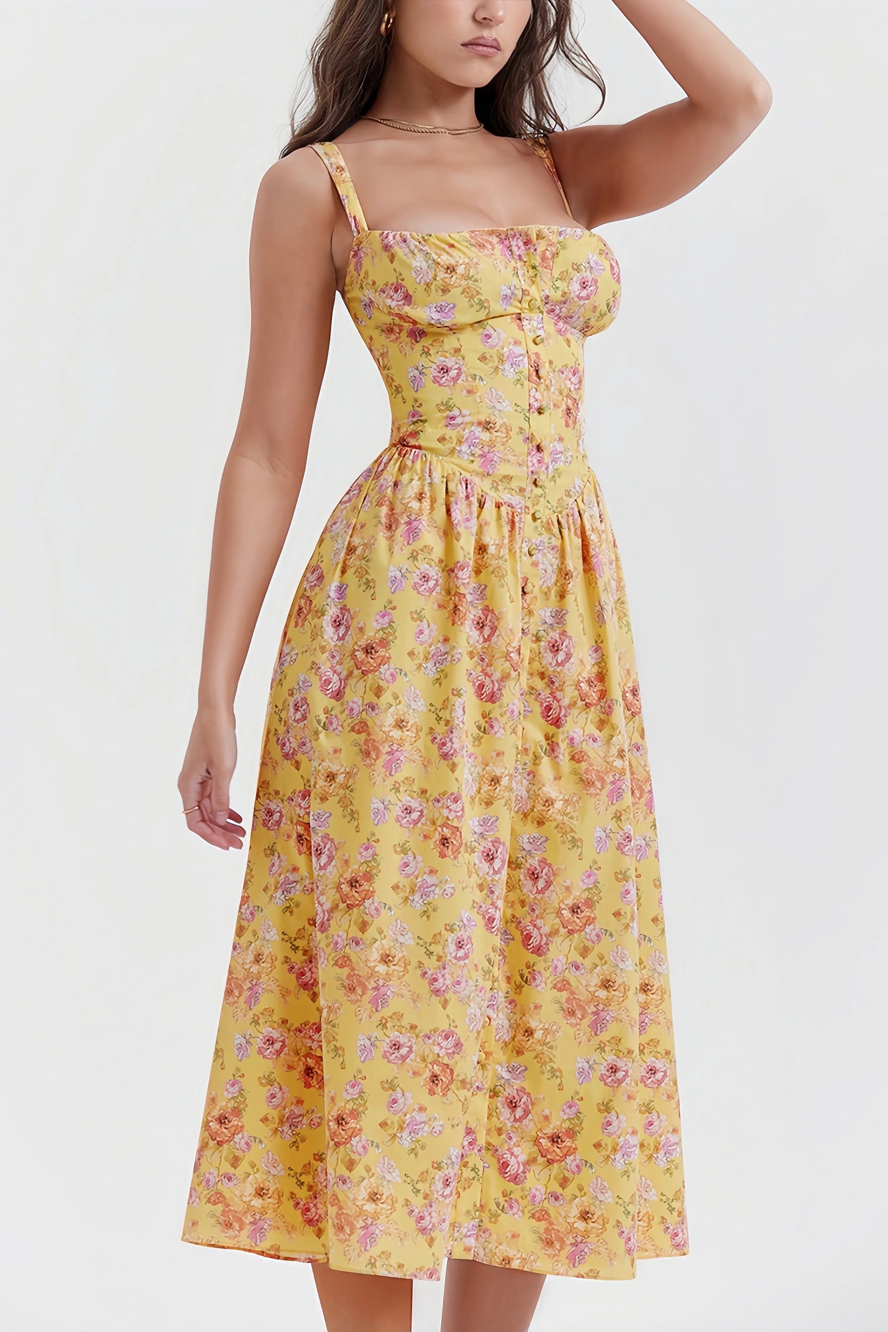Gele bloemen midi-jurk met getailleerde taille