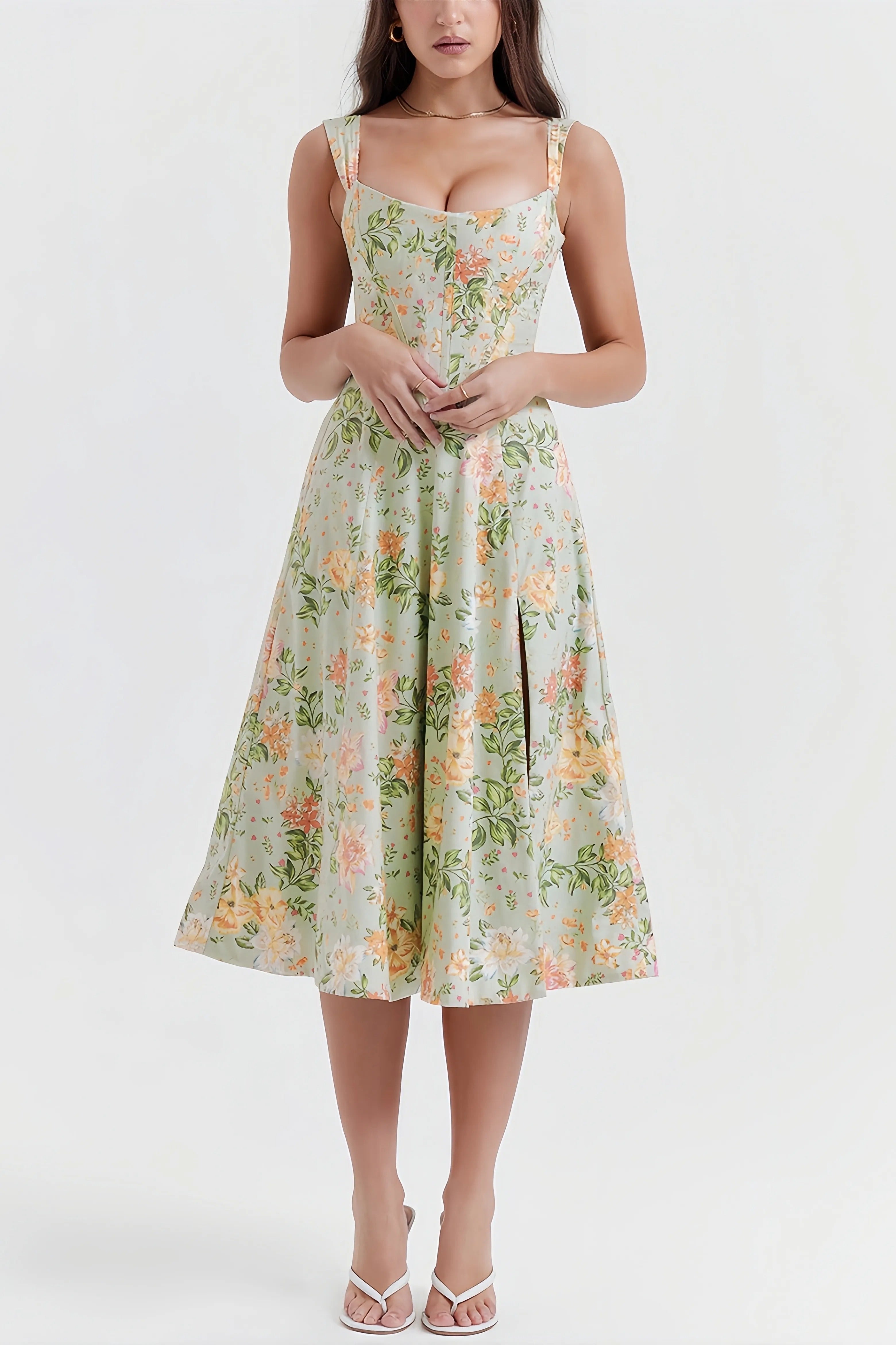 Groene bloemen midi-jurk met split