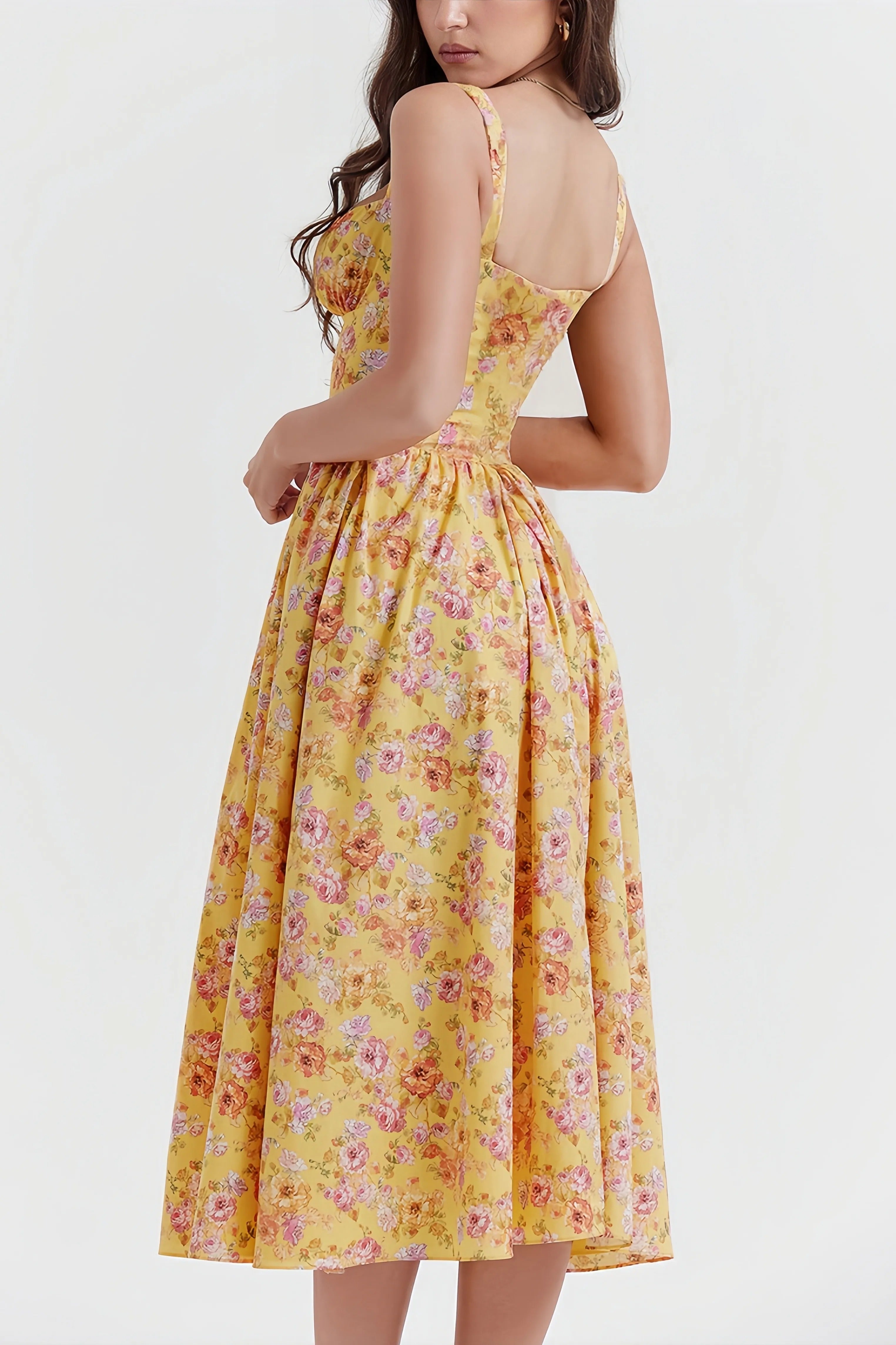 Gele bloemen midi-jurk met getailleerde taille