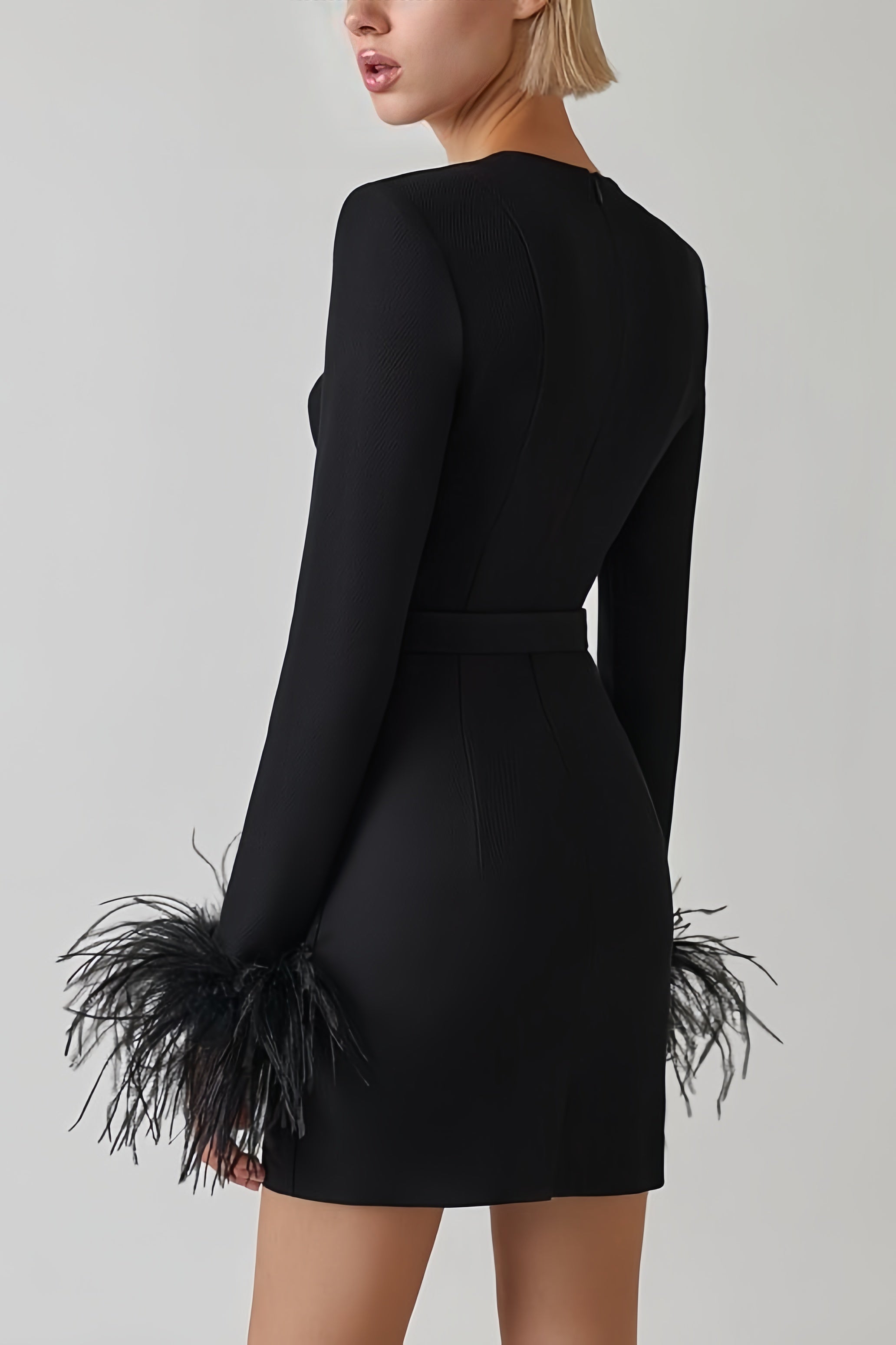 Zwarte mini-jurk met verendetails en lange mouwen