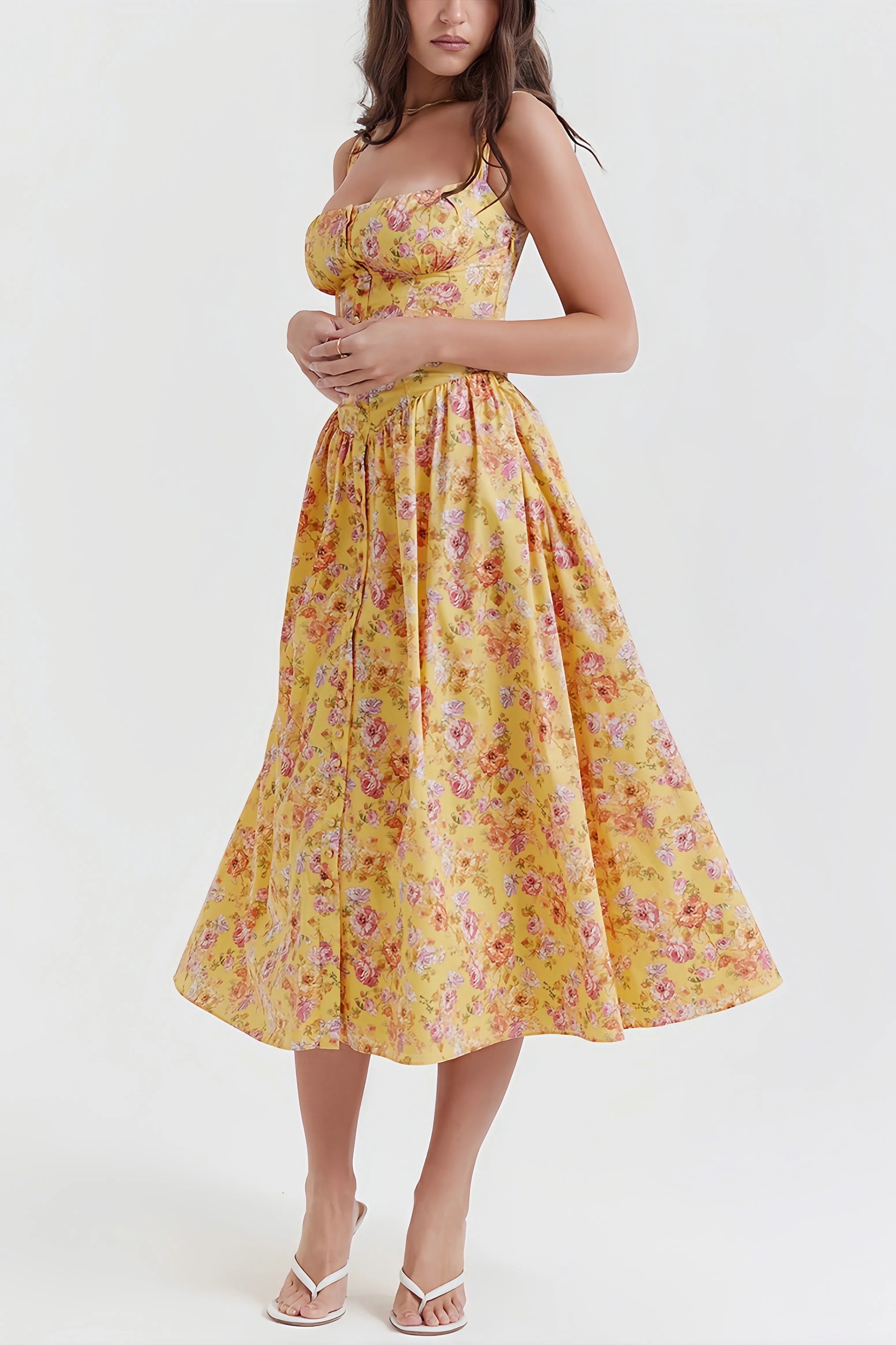 Gele bloemen midi-jurk met getailleerde taille