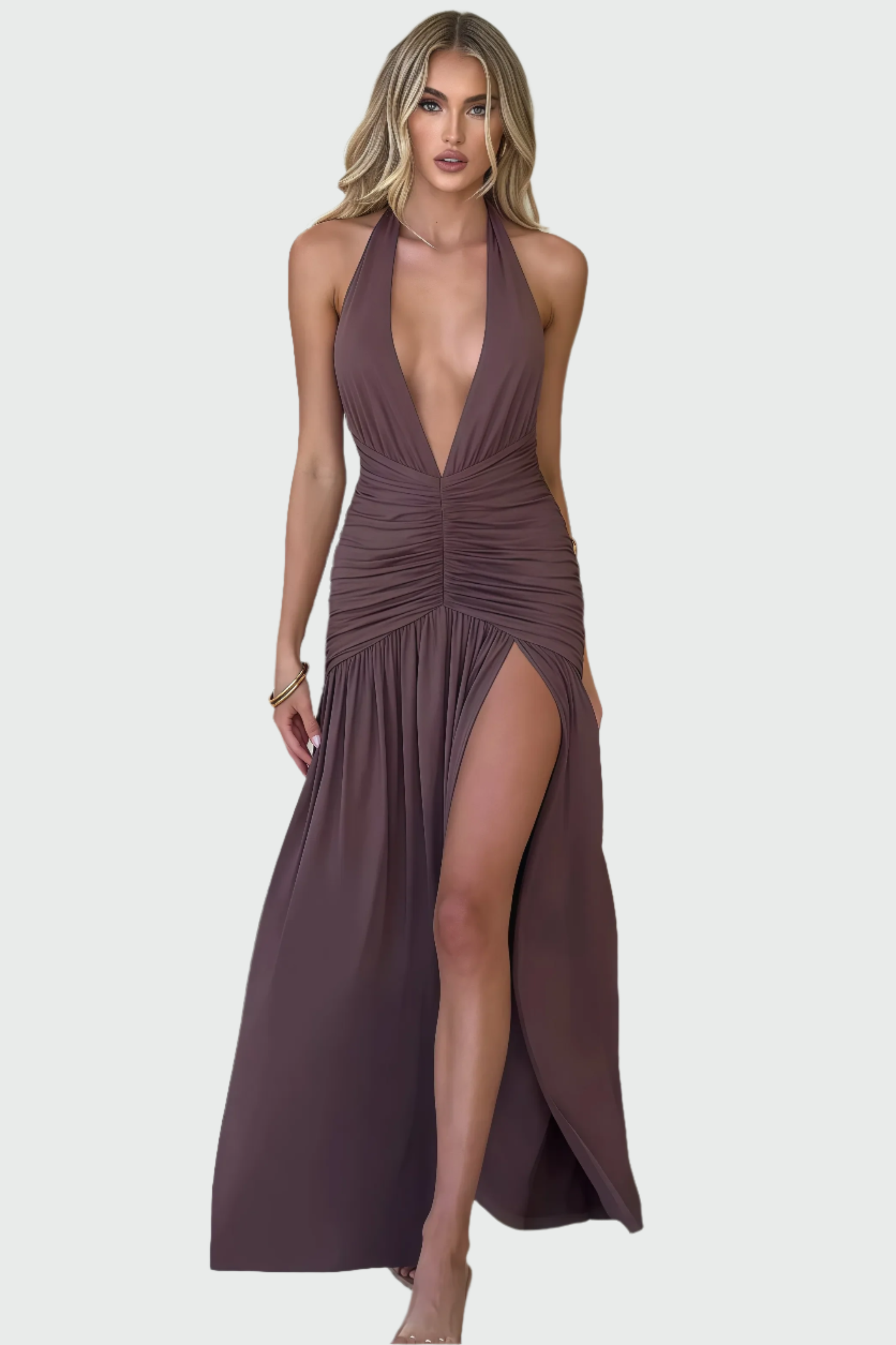 Mauve diepe V-hals halternek maxi-jurk met hoge split