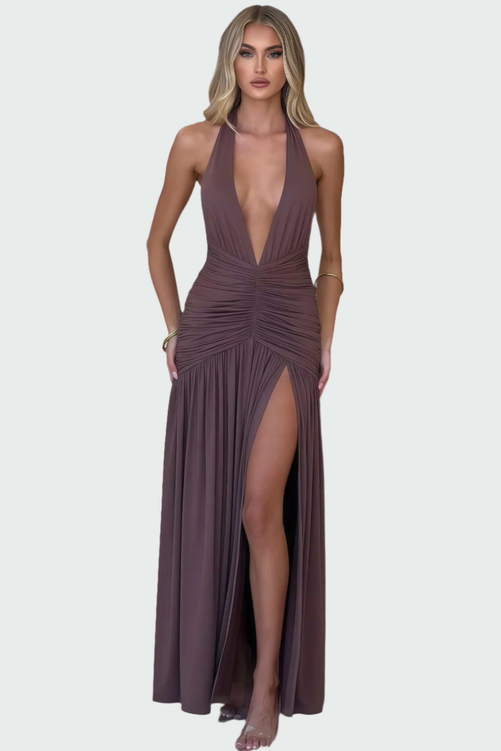 Mauve diepe V-hals halternek maxi-jurk met hoge split