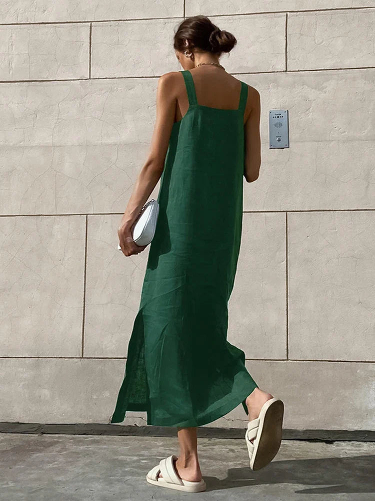 Groene Linnen Midi Jurk met Split
