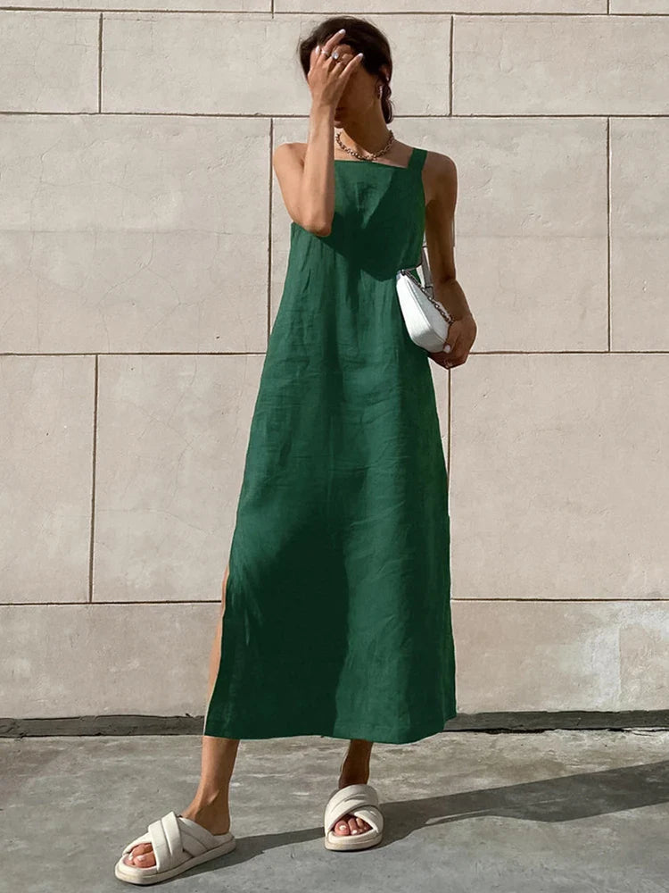 Groene Linnen Midi Jurk met Split