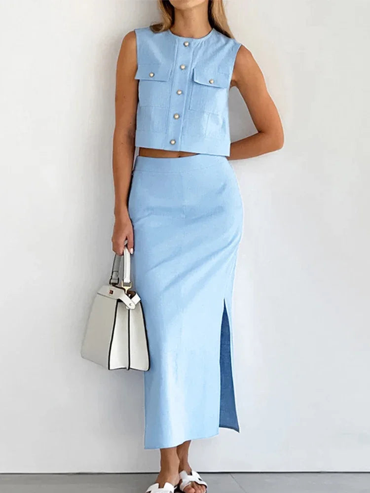 Mouwloze set met rok en top met split