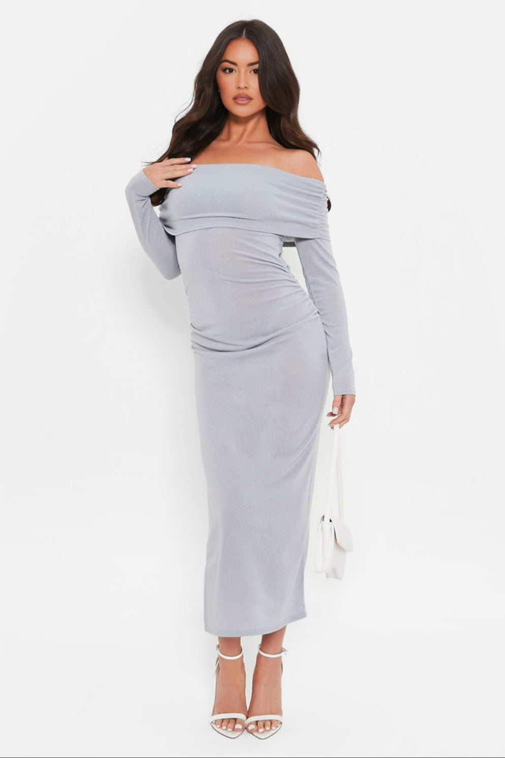 Lichtgrijze Off-Shoulder Maxijurk