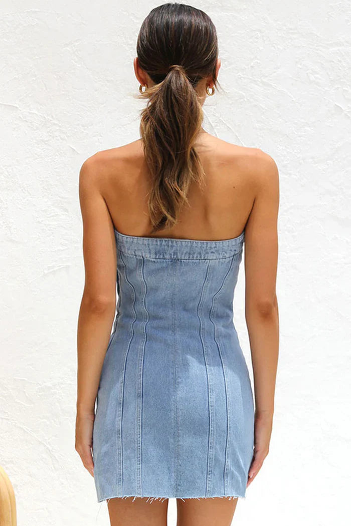 Lichtblauwe Strapless Denim Mini Jurk