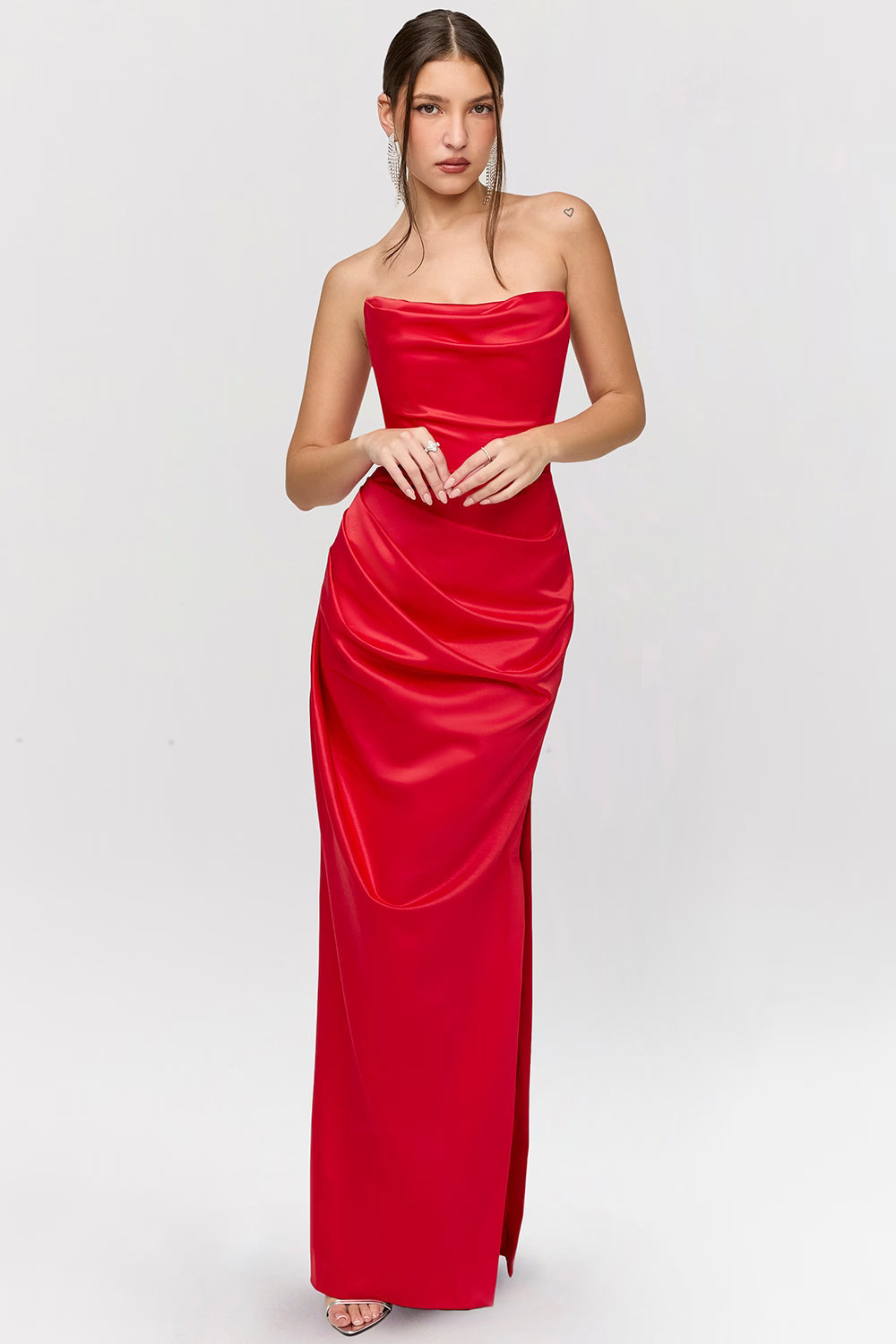 Rode Satijnen Strapless Maxi Jurk
