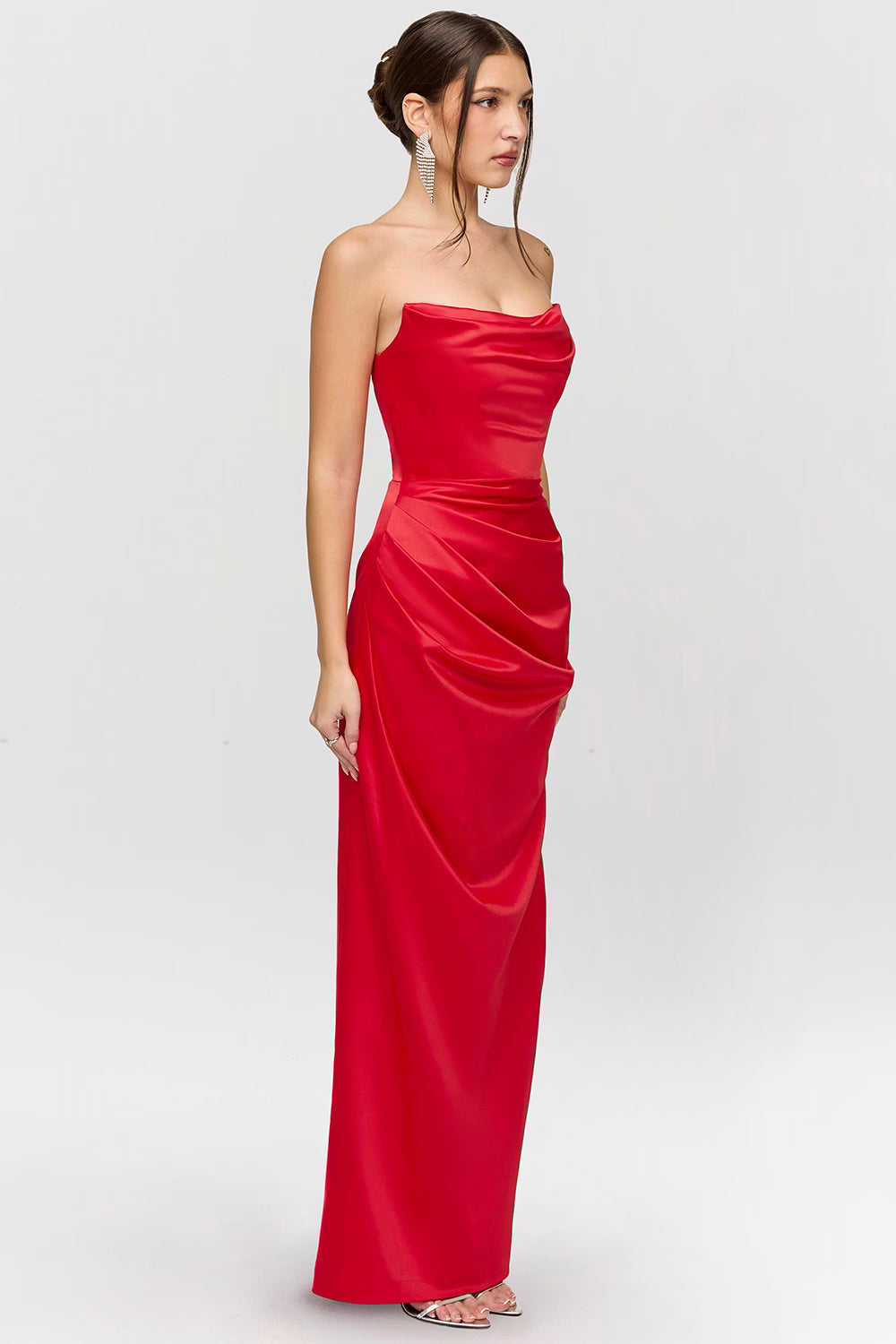 Rode Satijnen Strapless Maxi Jurk