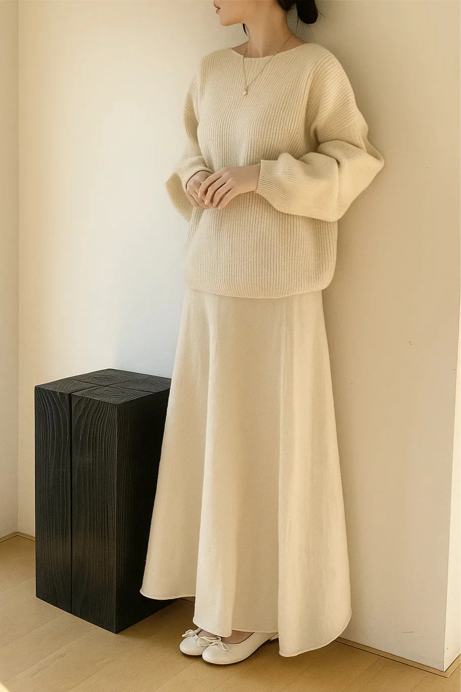 Gebreide Sweater & Uitlopende Rok Set met Ribstructuur