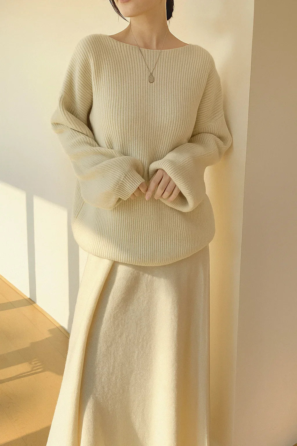 Gebreide Sweater & Uitlopende Rok Set met Ribstructuur