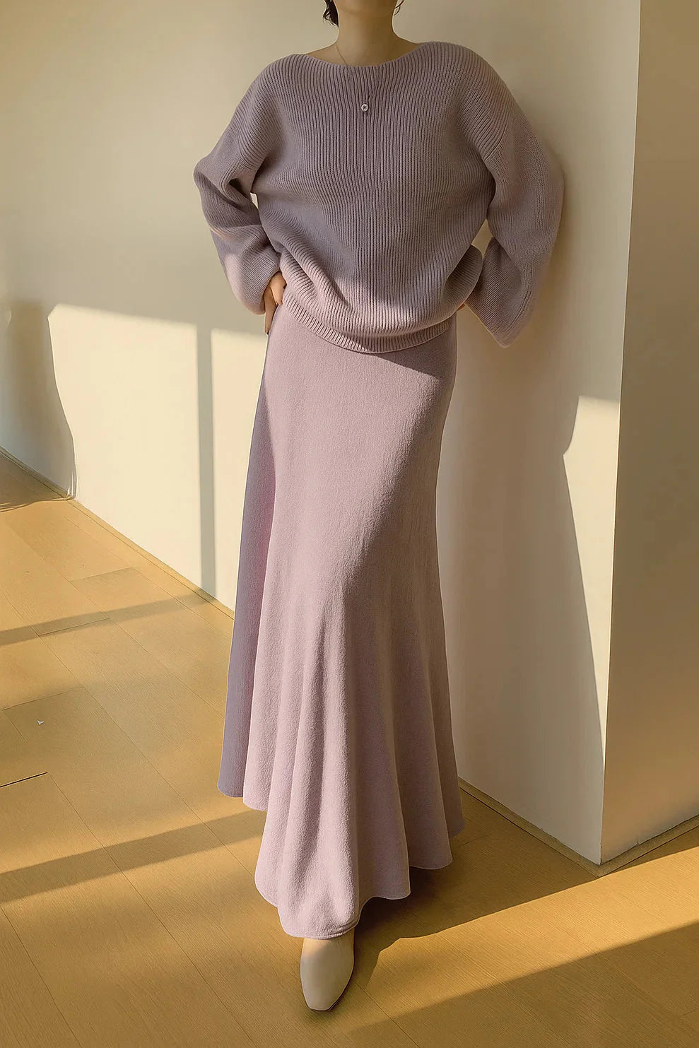 Gebreide Sweater & Uitlopende Rok Set met Ribstructuur