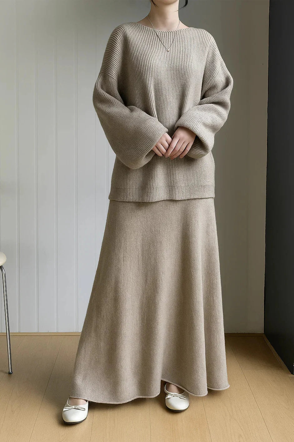 Gebreide Sweater & Uitlopende Rok Set met Ribstructuur