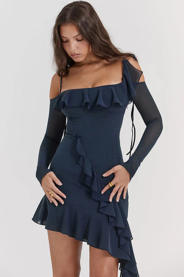 Donkerblauwe Ruffle One-Shoulder Jurk