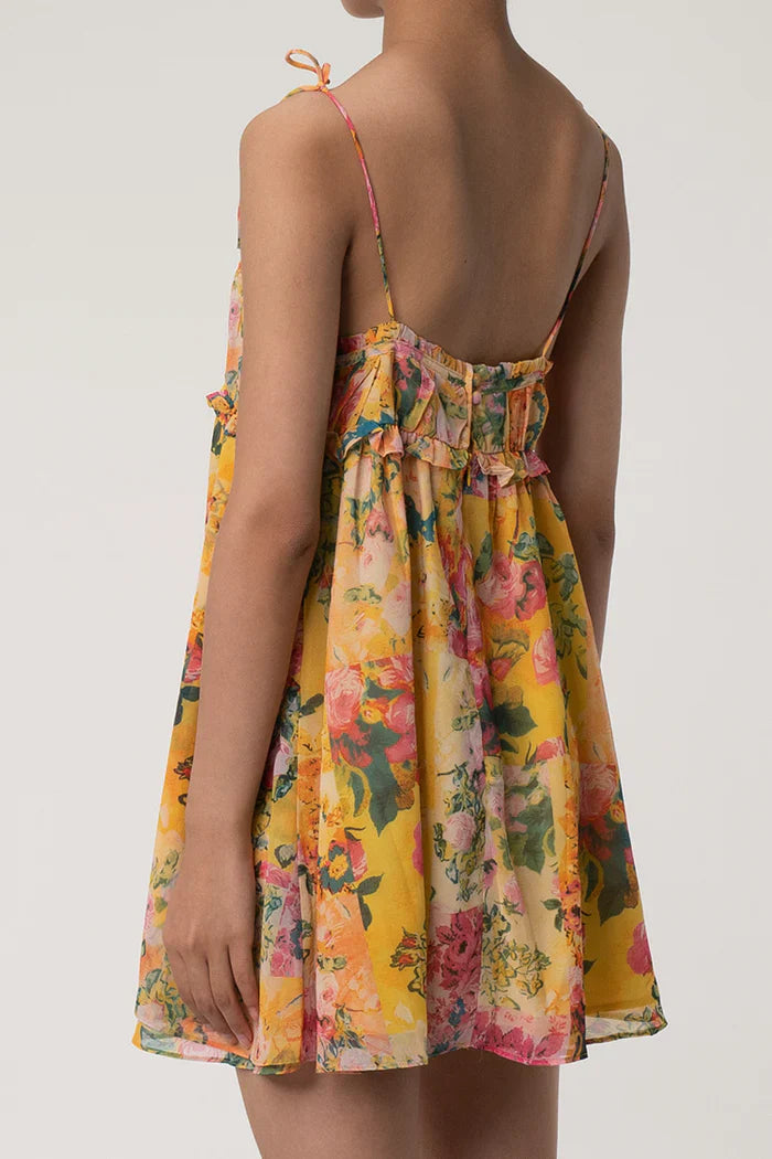 Gele Mini Jurk met Bloemige Textuur