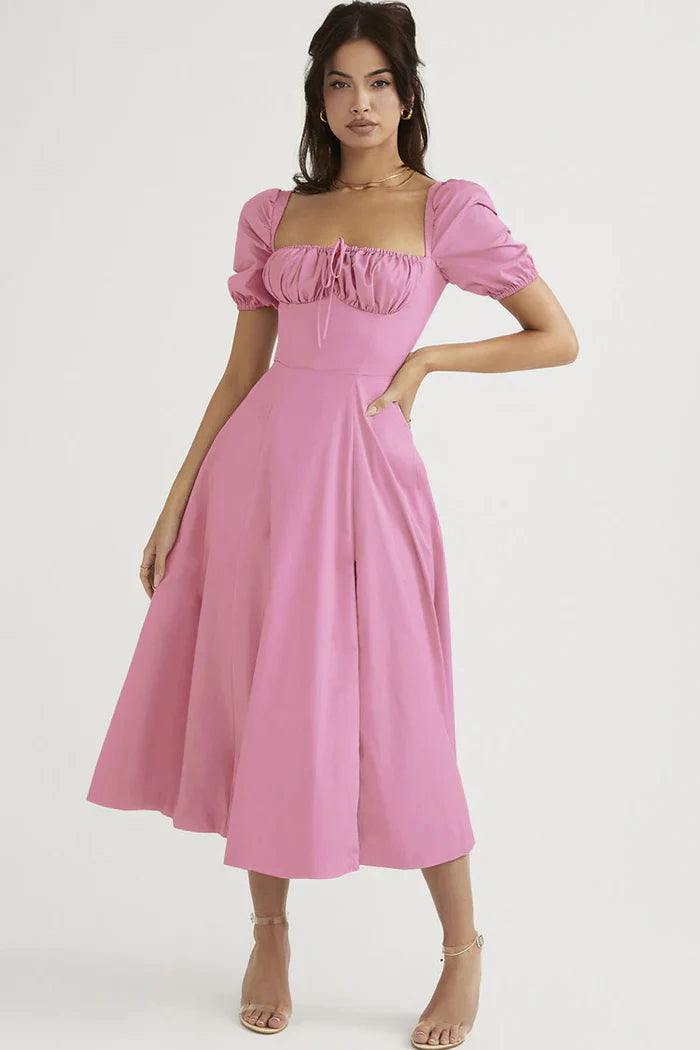 Roze Midi-jurk met Pofmouwen