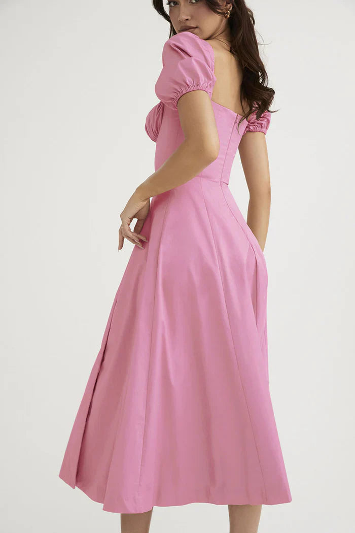 Roze Midi-jurk met Pofmouwen