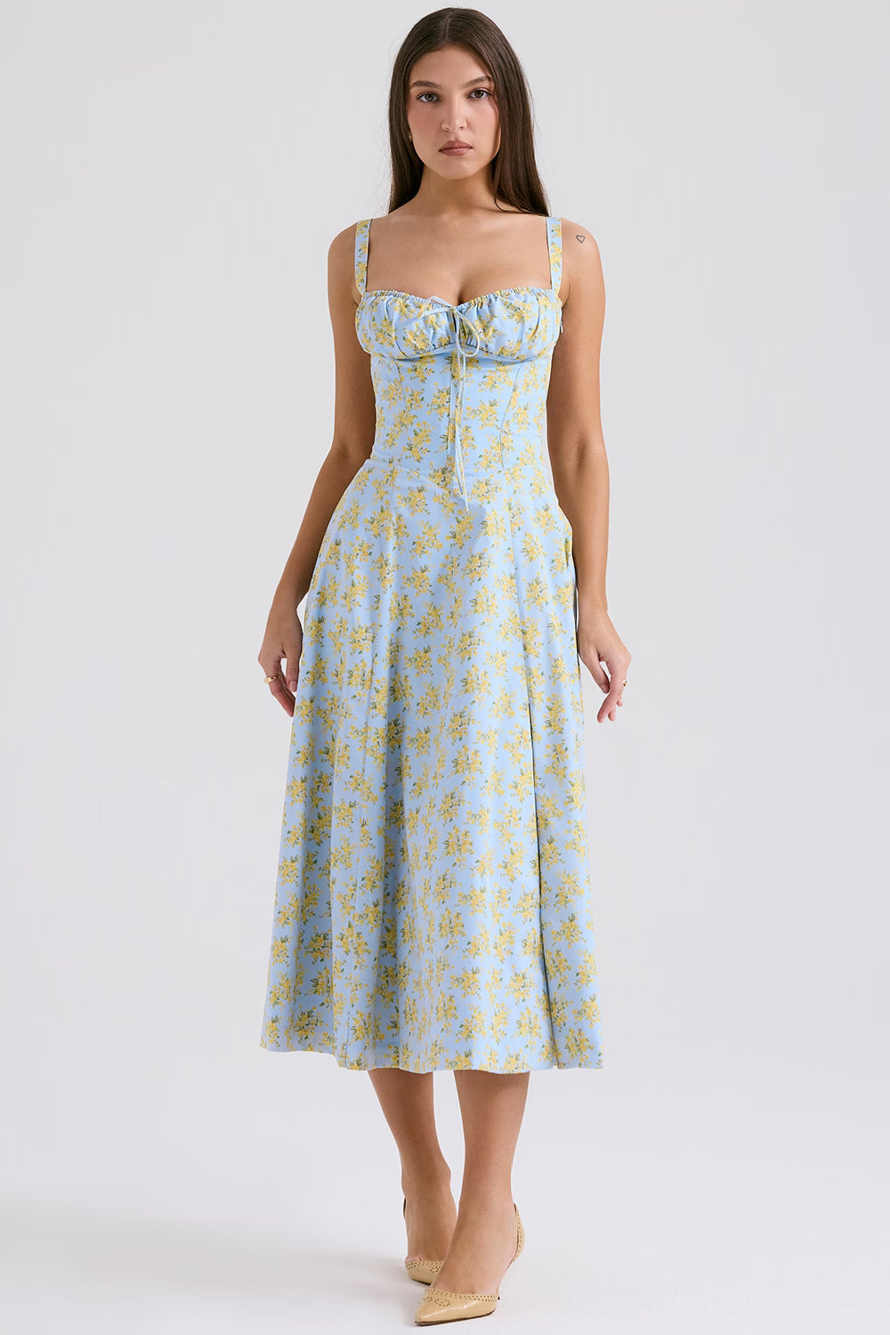 Lichtblauwe Corset Midi Jurk met Bloemenprint
