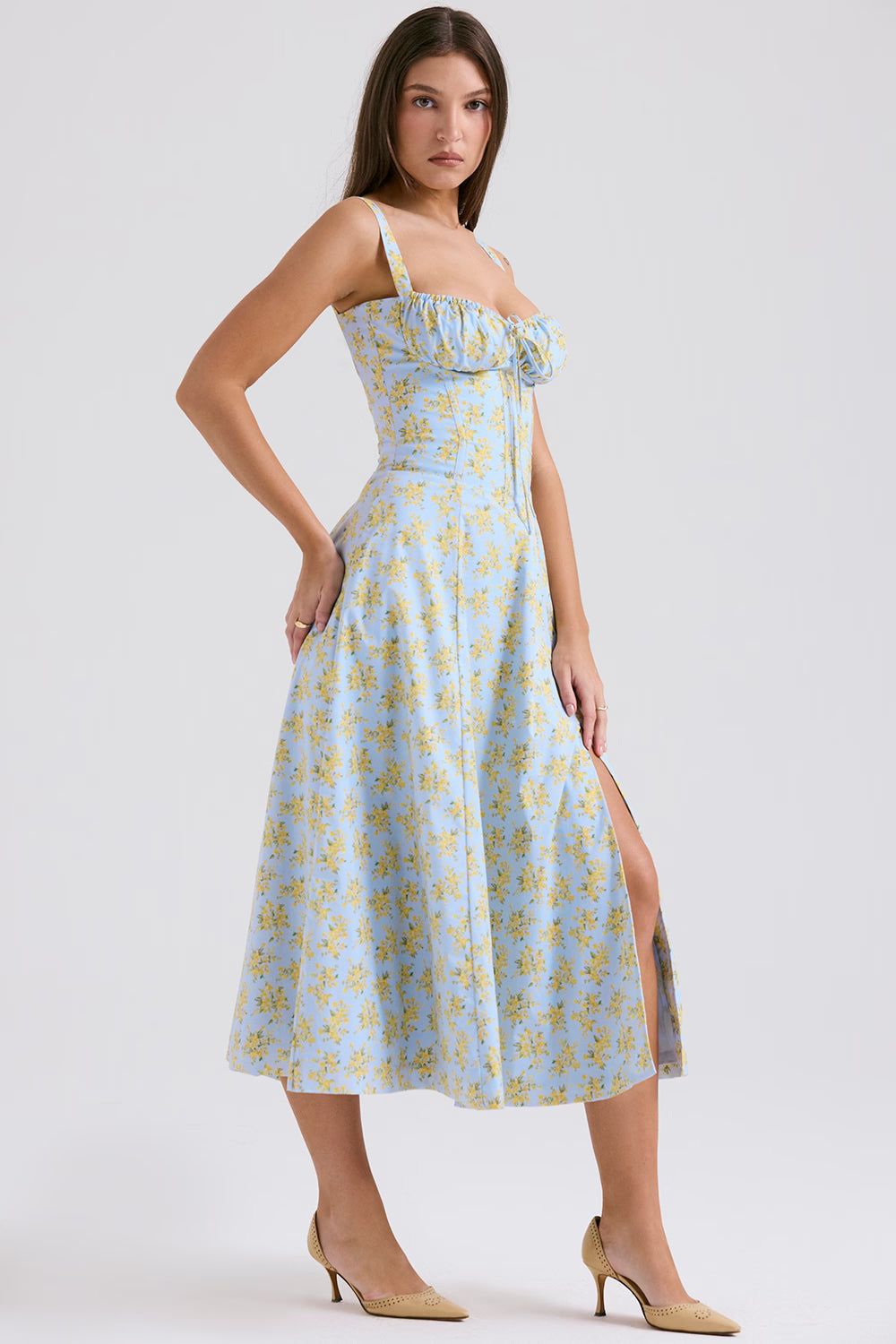Lichtblauwe Corset Midi Jurk met Bloemenprint