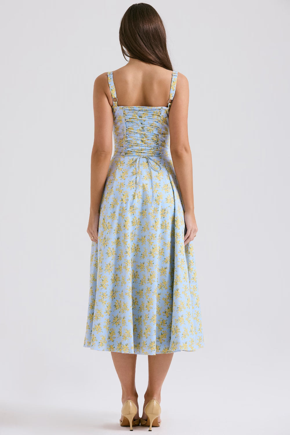 Lichtblauwe Corset Midi Jurk met Bloemenprint