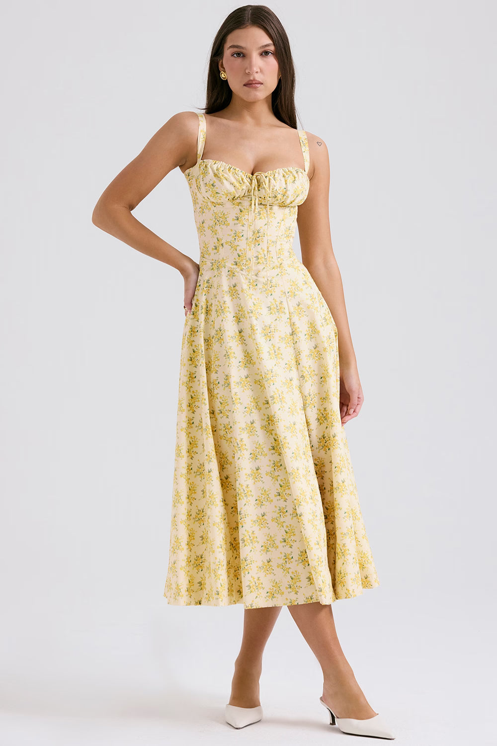 Gele Bloemen Corset Midi Jurk