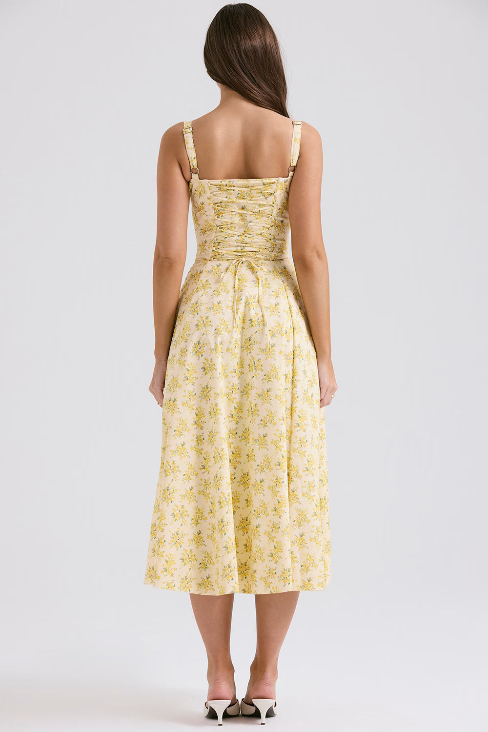 Gele Bloemen Corset Midi Jurk