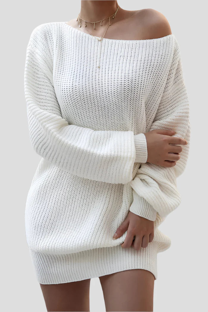 Witte Gebreide Off-Shoulder Sweaterjurk