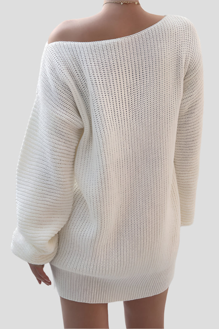 Witte Gebreide Off-Shoulder Sweaterjurk