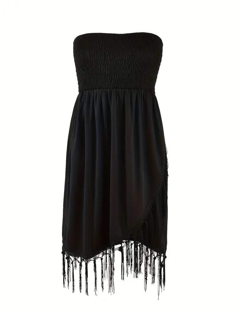 Zwarte Strapless Jurk met Franjes
