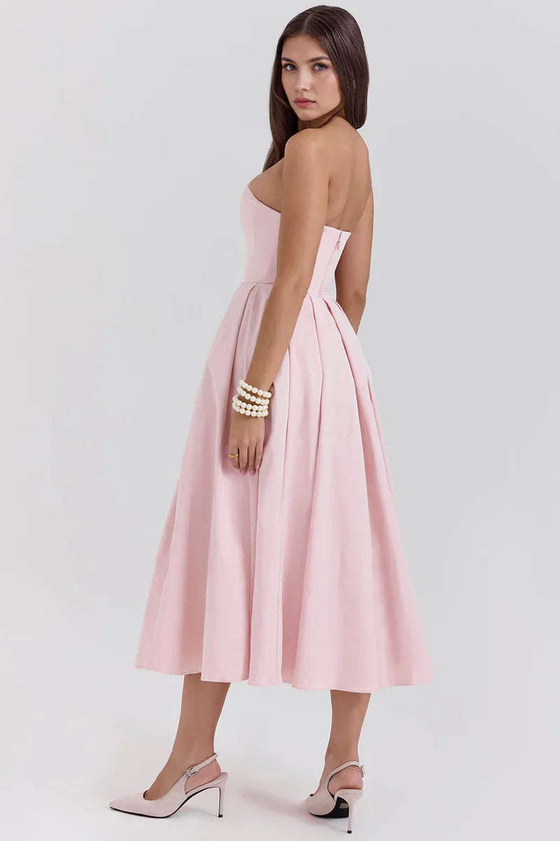 Mirage Strapless Midi Jurk met Plooirok
