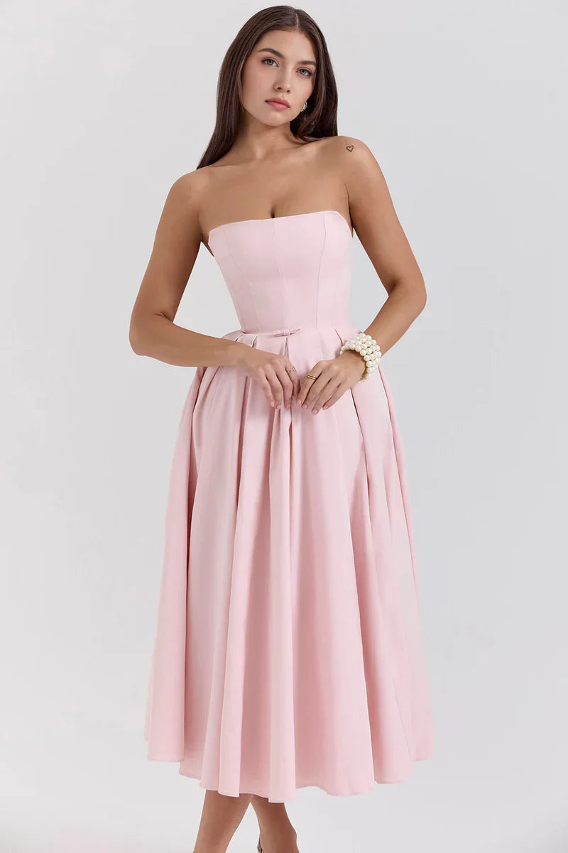 Mirage Strapless Midi Jurk met Plooirok