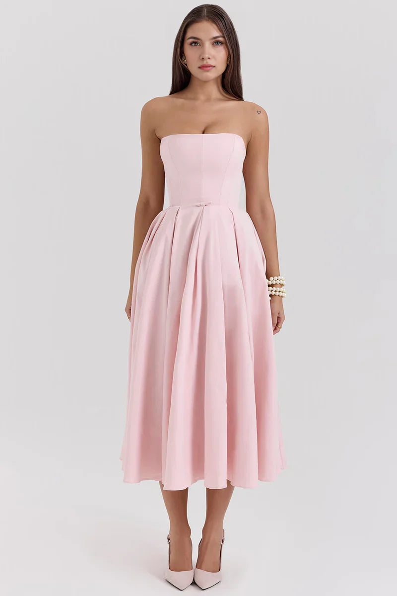 Mirage Strapless Midi Jurk met Plooirok