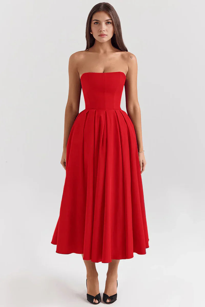 Mirage Strapless Midi Jurk met Plooirok
