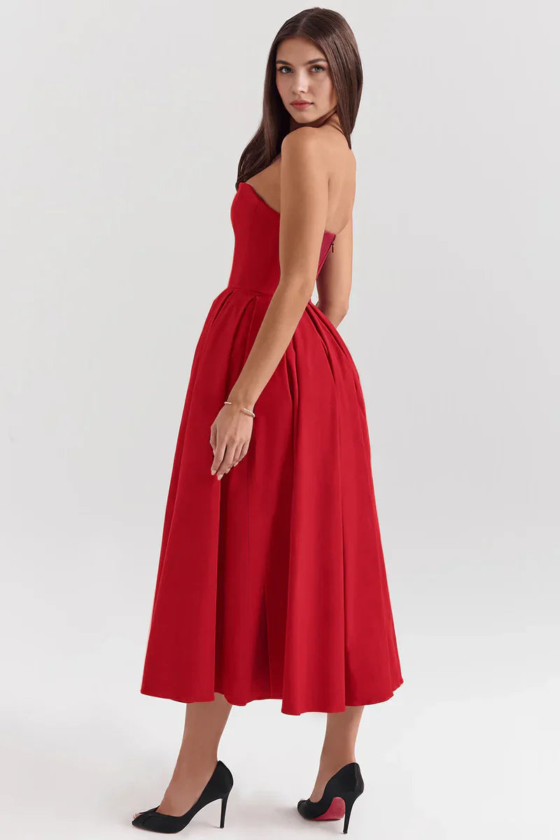 Mirage Strapless Midi Jurk met Plooirok