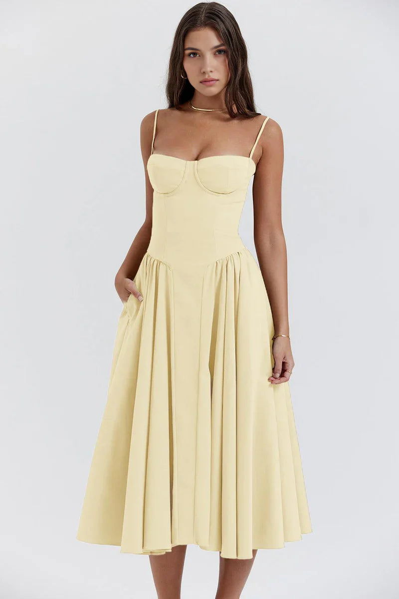 Corset Midi Jurk met Spaghettibandjes