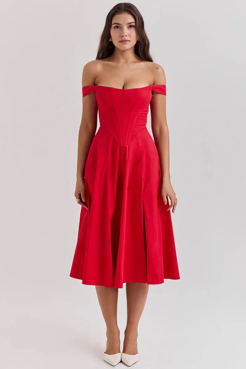 Off-Shoulder Corset Midi Jurk